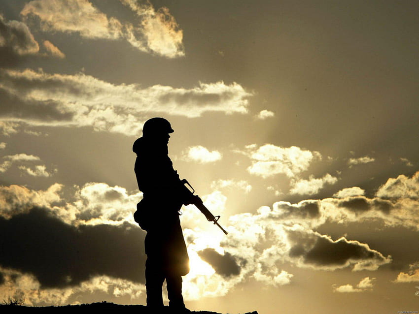 Żołnierz w zachodzie słońca, abstrakcja, żołnierz, grafika, zachód słońca, wojna Tapeta HD