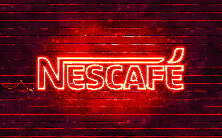 Logo rosso Nescafe, muro di mattoni rosso, logo Nescafe, marchi, logo al neon Nescafe, Nescafe Sfondo HD