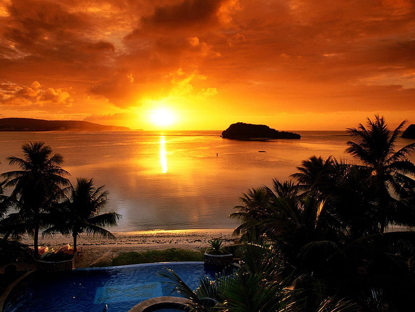 natureza, pôr do sol, mar, sol, palmeiras, horizonte, costa, banco, noite, piscina papel de parede HD