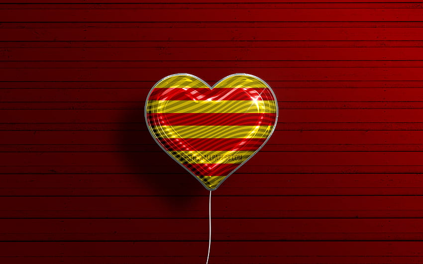 I Love Catalonia, , realistic balloons, red wooden background, Day of Catalonia, Communities of Spain, flag of Catalonia, Spain, balloon with flag, spanish communities, Catalonia flag, Catalonia HD wallpaper