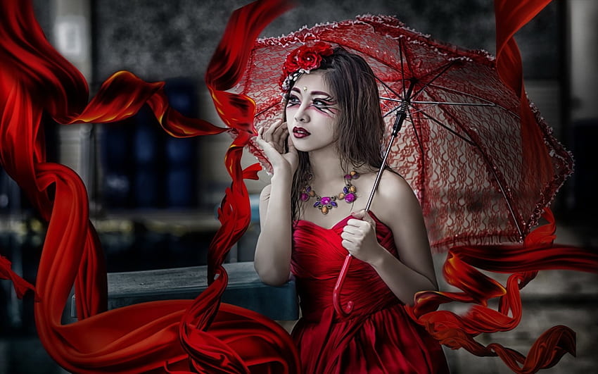 Азиатска красота, чадър, модел, грим, азиатски, червено, момиче, красота HD тапет