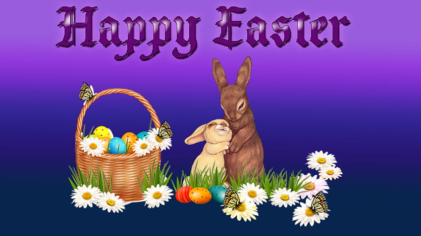 Happy Easter, Bunnies, Easter Bunnies, Easter Basket, Easter, Easter Eggs, Butterflies, Daisies HD wallpaper