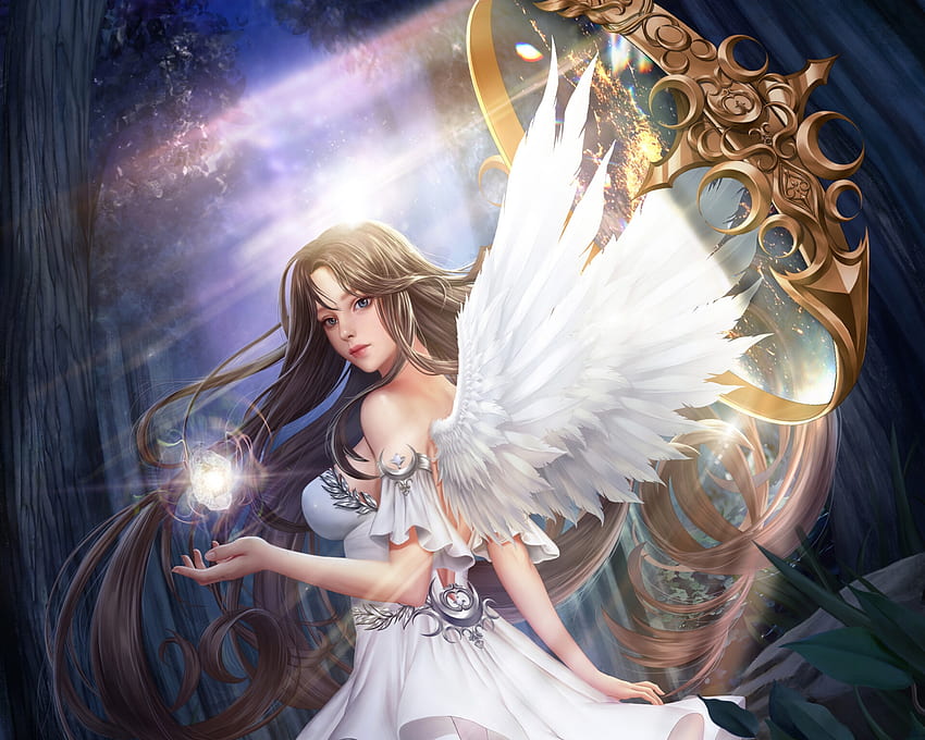 Angel, white, girl, wings, sieun bae jiyo, fantasy HD wallpaper