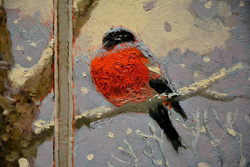 Bird, winter, black, art, painting, pictura, red, victor nizovtsev, pasari HD wallpaper