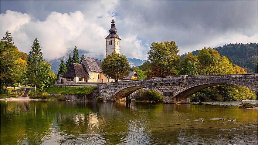 Brücke See See Bohinj Slowenien Kirchenreise HD-Hintergrundbild