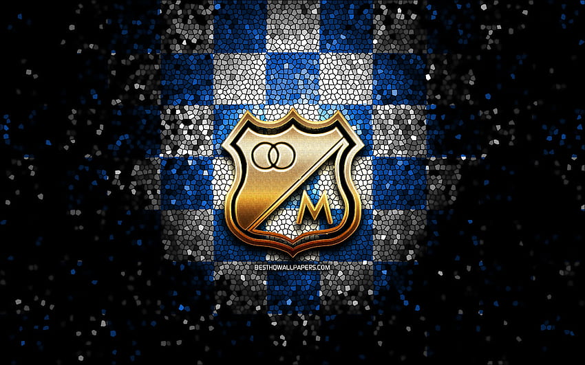 Millonarios FC, logotipo brillante, Categoría Primera A, a cuadros azul blanco, fútbol, ​​club de fútbol colombiano, logotipo de Millonarios, arte de mosaico, fútbol, ​​FC Millonarios, liga de fútbol colombiana fondo de pantalla