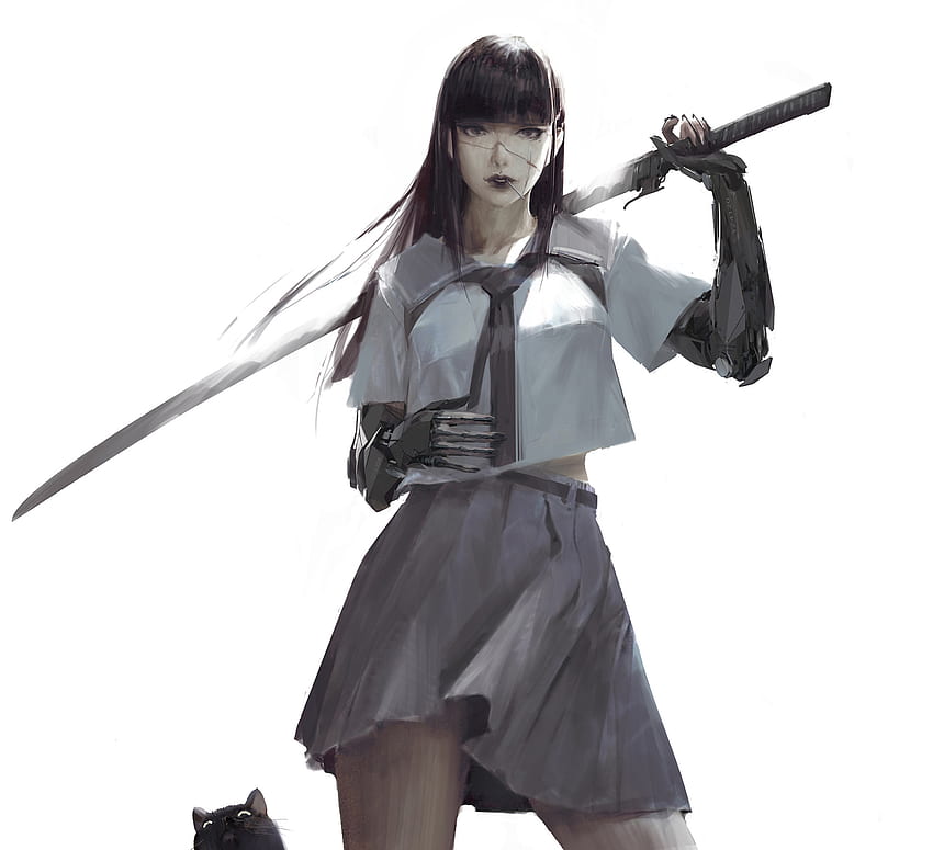 Czarne włosy Anime Koty Anime Girls Samurai Sword Proste tło Ilustracja, Dark Samurai Anime Tapeta HD