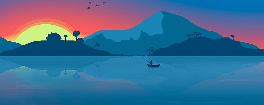 Minimalist Beach Boat Mountains Sunset Birds , , アーティスト , アートワーク , ビーチ , 鳥 , ボート , デジタルアート , , ミニマリズム, 最小限のデュアルモニター 高画質の壁紙