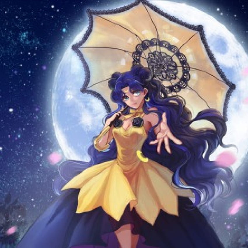 Luna, noc, niebieski, parasol, marynarz, kwiatowy, długie włosy, sukienka, piękno, ładny, księżyc, cg, płatki, kwiat, żeński, kwiat, słodki, wspaniały, niebieskie włosy, dziewczyna, piękny, gwiazda, dziewczyna anime, anime, ładny, marynarz z księżyca, żółty, niebo, suknia, śliczny Tapeta HD