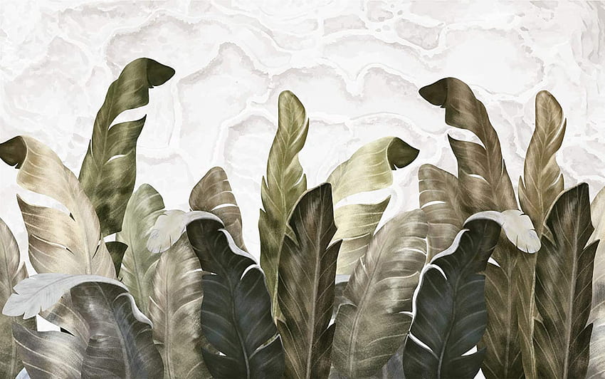 Muraviewall Wand mit tropischen Bananenblättern und botanischen grünen Palmblättern: handgefertigt HD-Hintergrundbild