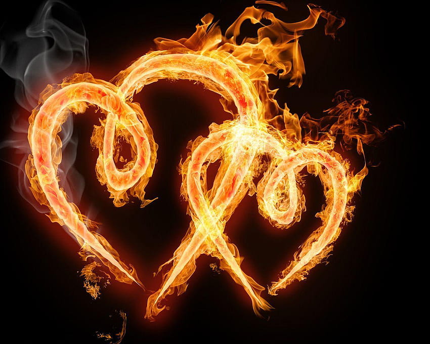 Dos corazones, abstracto, amor, llama, corazón, fuego. fondo de pantalla
