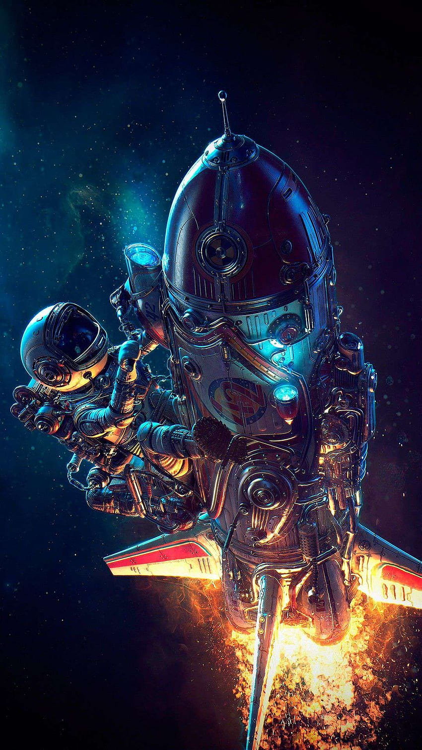 Космически астронавт на ракетен кораб iPhone. Изкуство пространствено HD тапет за телефон