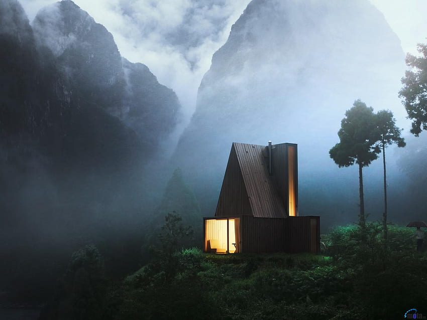 House in the Mountain Mist, mist, light, house, trees, nature, mountain HD wallpaper