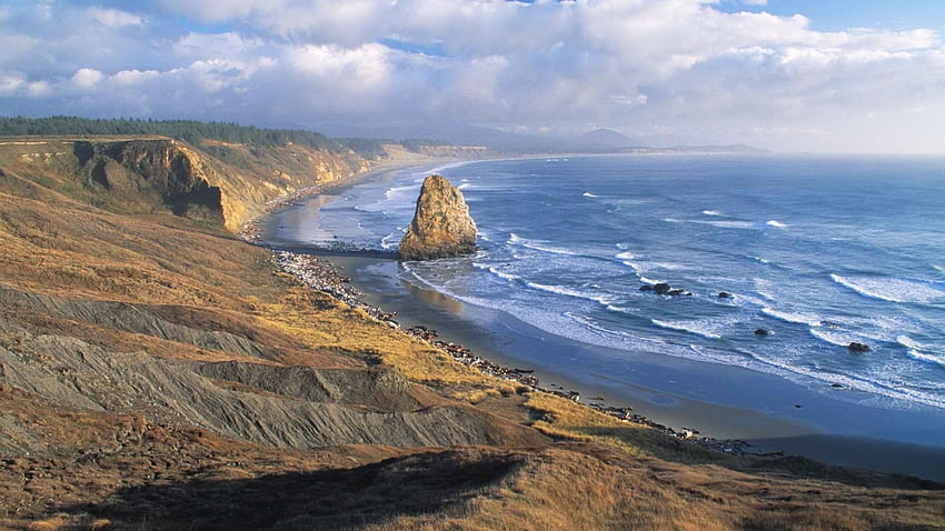 険しいオレゴンの海岸、海、崖、海岸、雲、岩 高画質の壁紙