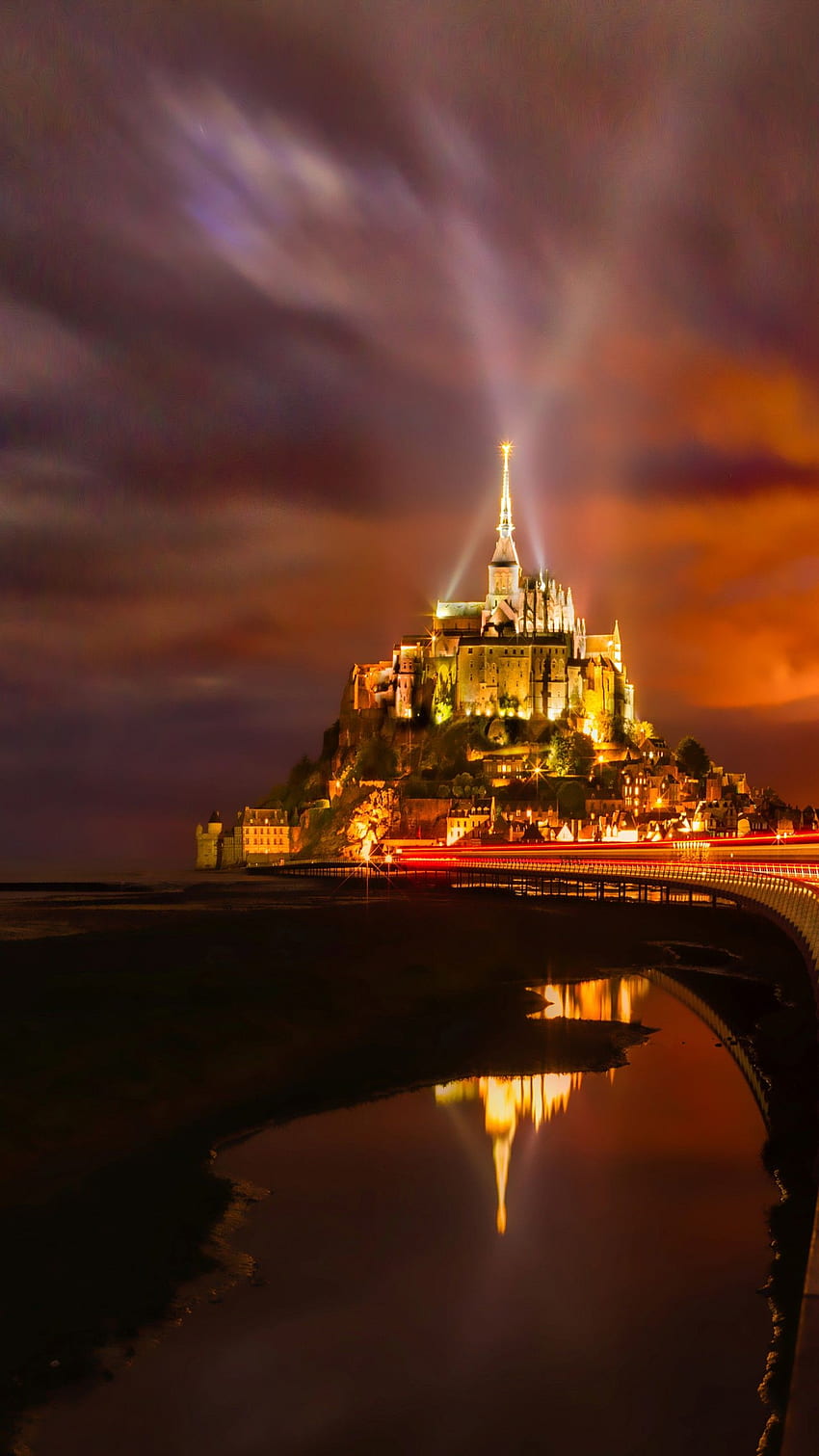 Mont Saint Michel, Island, Normandy, France, Night HD phone wallpaper
