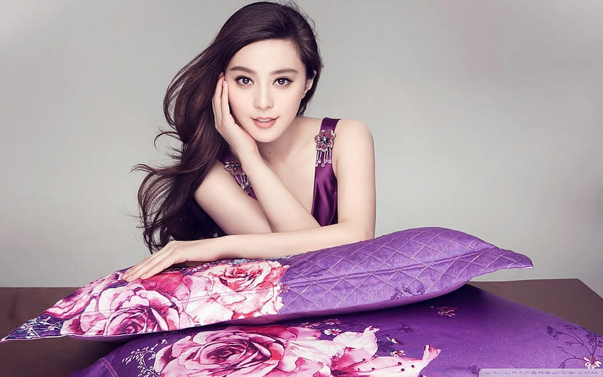 Model, purple, asian, long hair, oriental, pillow HD wallpaper