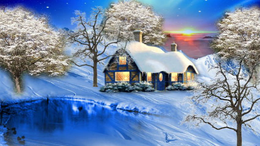 ~*~ Winter Sun Raise ~*~, inverno, sorgere del sole invernale, casa invernale, paese delle meraviglie invernale Sfondo HD