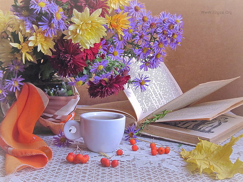 Natureza morta, livro, flor, natureza, café papel de parede HD