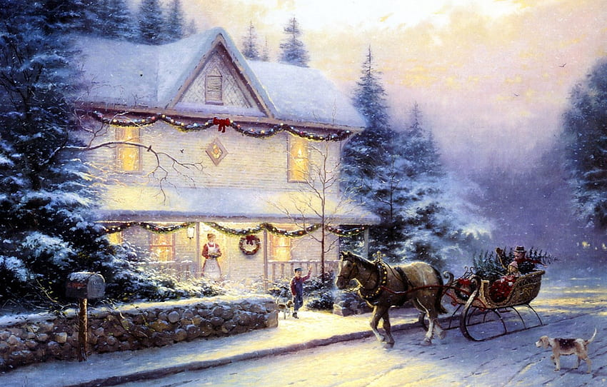 도로, 사람들, 말, 울타리, 개, , 먹었다, 왜건, 나무, 썰매, , 크리스마스, 시골집, 돌, 장식 된, Holiday for , 섹션 живопись, Victorian Christmas House HD 월페이퍼