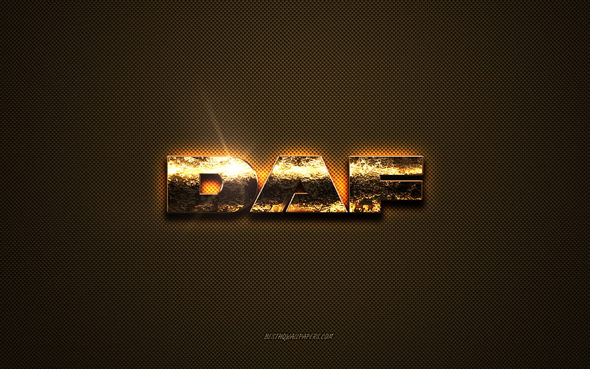 DAF golden logo, artwork, brown metal background, DAF emblem, creative, DAF logo, brands, DAF HD wallpaper