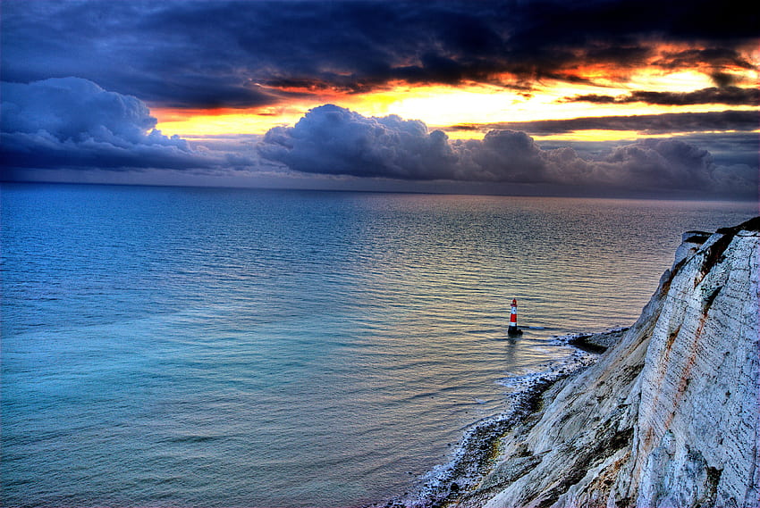 Nature, Sunset, Sea, Rock, Lighthouse HD wallpaper