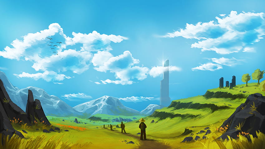 Fantasiewelt, Landschaft, Menschen, Wolken, Berge und Menschen HD-Hintergrundbild