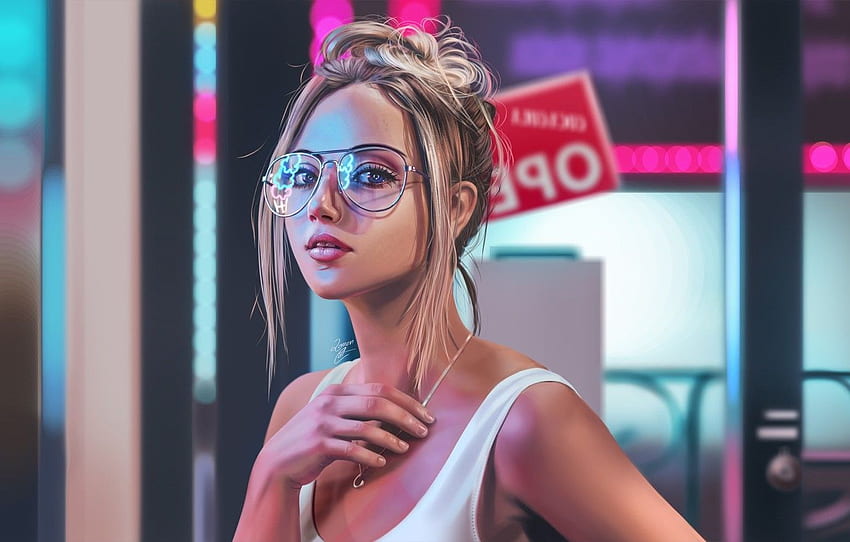 Girl, Figure, Look, Glasses, Blonde, Face, Girl, Eyes, Portrait, Beauty, Neon, Eyes, Blonde, Cute, Face, Glasses for , section арт HD wallpaper