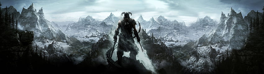The Elder Scrolls V: Skyrim, Gunung, Salju, Seni Fantasi, Pedang, Video Game, Pemandangan / dan Latar Belakang Seluler, Skyrim 3840X1080 Wallpaper HD