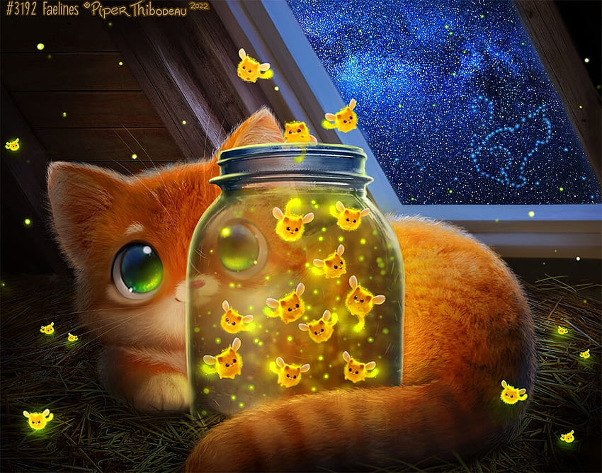 Faelines, firefly, jar, fantasy, art, pisici, piper thibodeau, cute, cat, luminos HD wallpaper