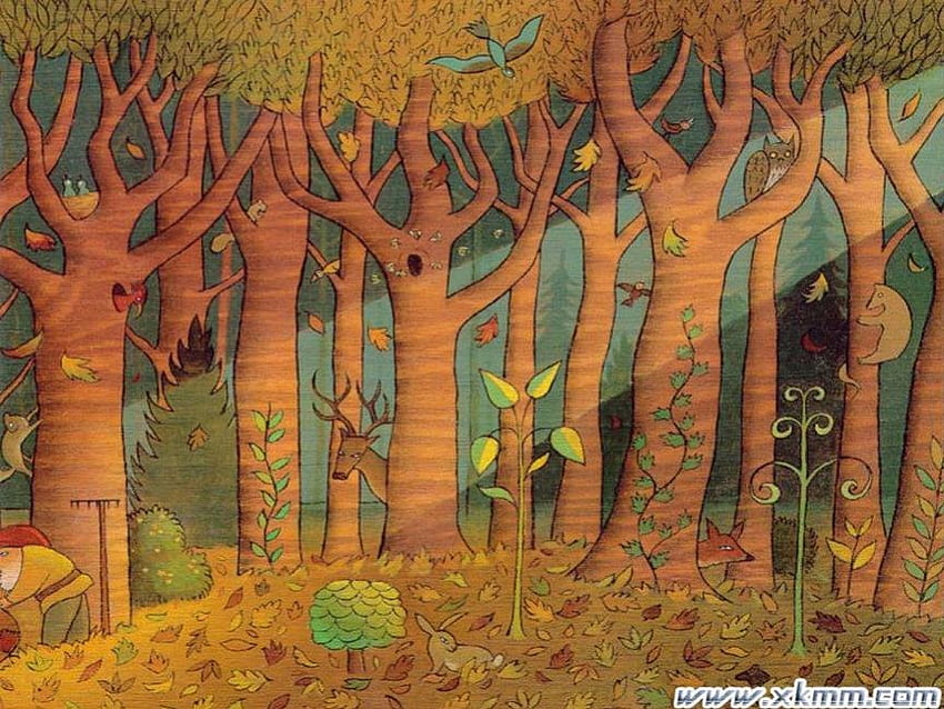 森、太陽光線、森、鹿、木、キツネ、フクロウ、ウサギ 高画質の壁紙