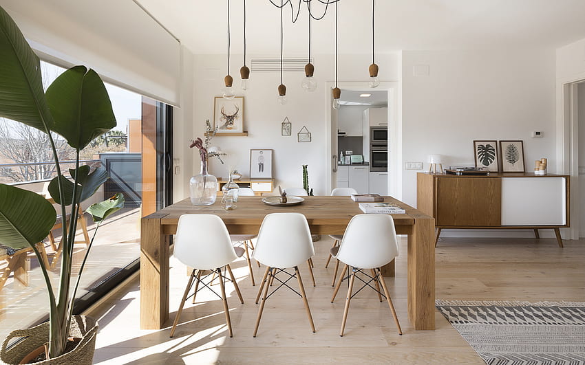 desain interior modern, ruang makan, desain penuh gaya, proyek ruang makan, meja makan kayu besar, dinding putih di ruang makan Wallpaper HD