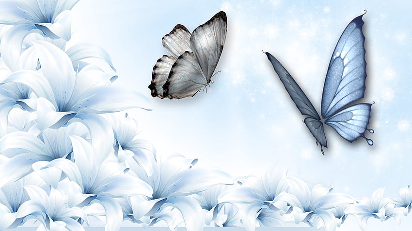 Blue Lily Dreams, blue, sweet, white, innocent, soft, lily, butterflies, butterfly, light, flowers, lilies HD wallpaper