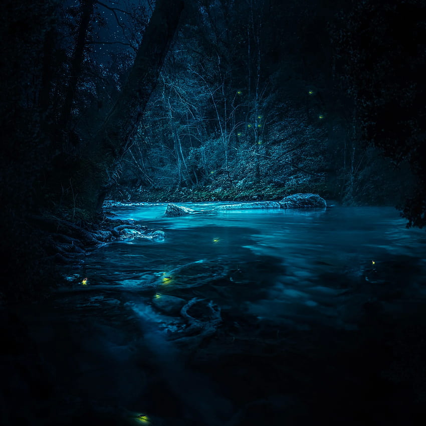 Wald, Fluss, Nacht, Dunkel, Magisch, Halbmond, Blau, Natur HD-Handy-Hintergrundbild