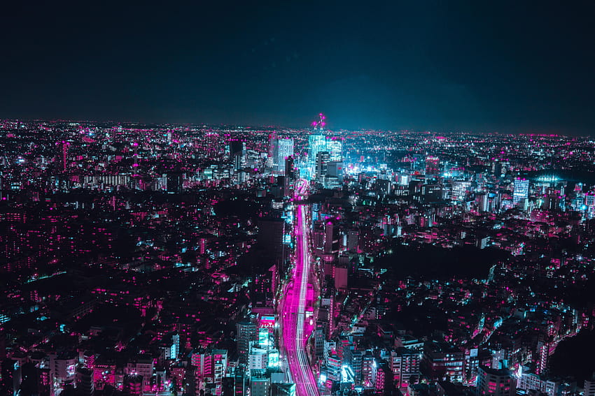 rua, cyberpunk, vista da cidade, neon, Creative Commons , brilho, roxo, paisagem urbana, construção, rosa, , cidade, Tóquio, paisagem, noite, azul, , luz, luz da cidade, urbano. Mocah papel de parede HD