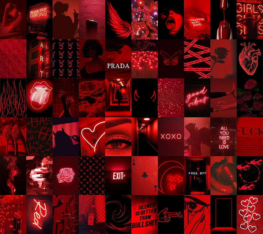 Red Aesthetic Collage Wall Kit Neon Red Collages Printable HD wallpaper ...