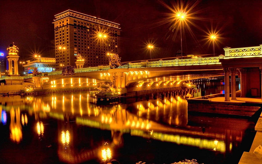 cidades, rios, noite, cidade, luzes, reflexão, ponte papel de parede HD