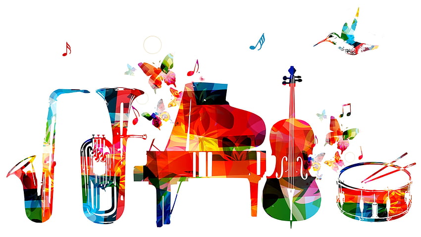 Love of Music, piano, art, colorful, music, instrumental, horn, fiddle HD wallpaper