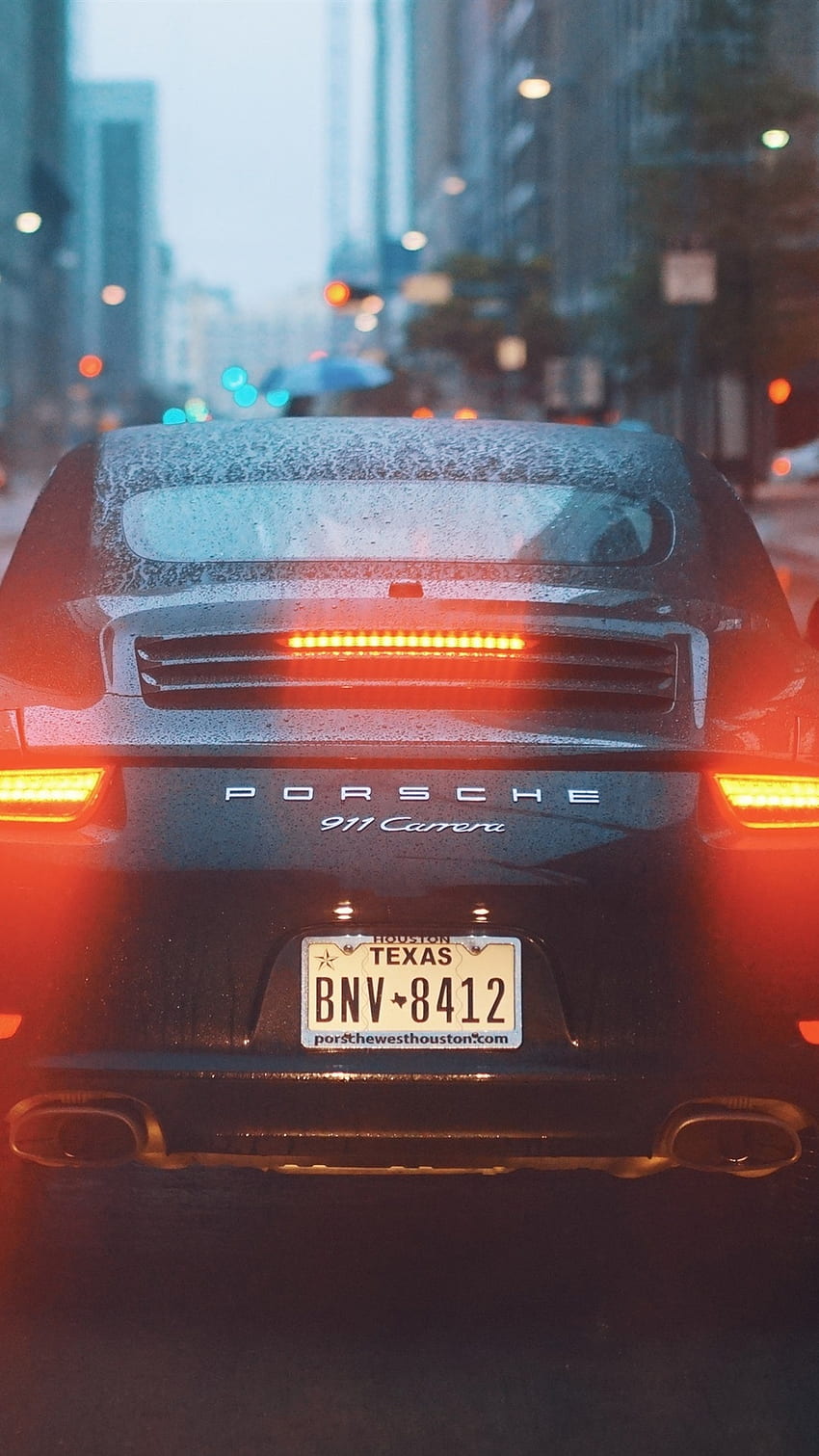 Porsche 911 Carrera supercar back view, water drops, city, road HD phone wallpaper