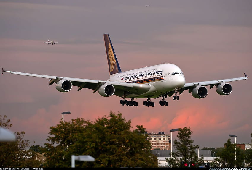 A380 841 シンガポール航空、ロンドン・ヒースロー空港に着陸、家のジェイソン・ウッド。 シンガポール航空、エアバス A380、エアバス、シンガポール航空 A380 高画質の壁紙