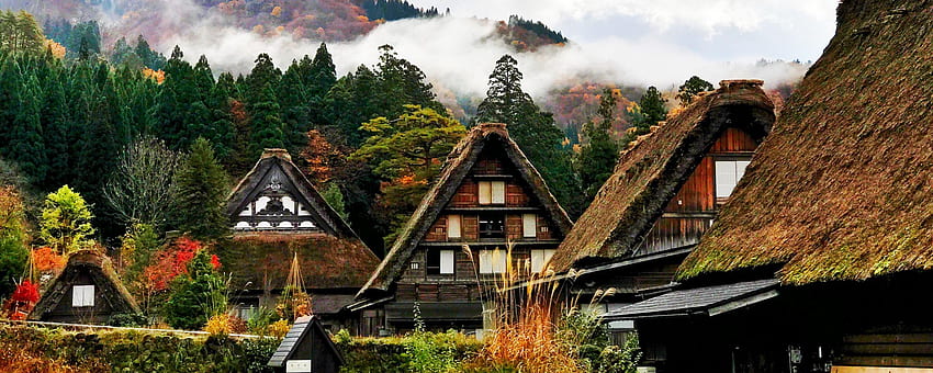 ญี่ปุ่น ชิราคาวา บ้าน ภูเขา ต้นไม้ พื้นหลังจอกว้างพิเศษ Japan Dual Monitor วอลล์เปเปอร์ HD