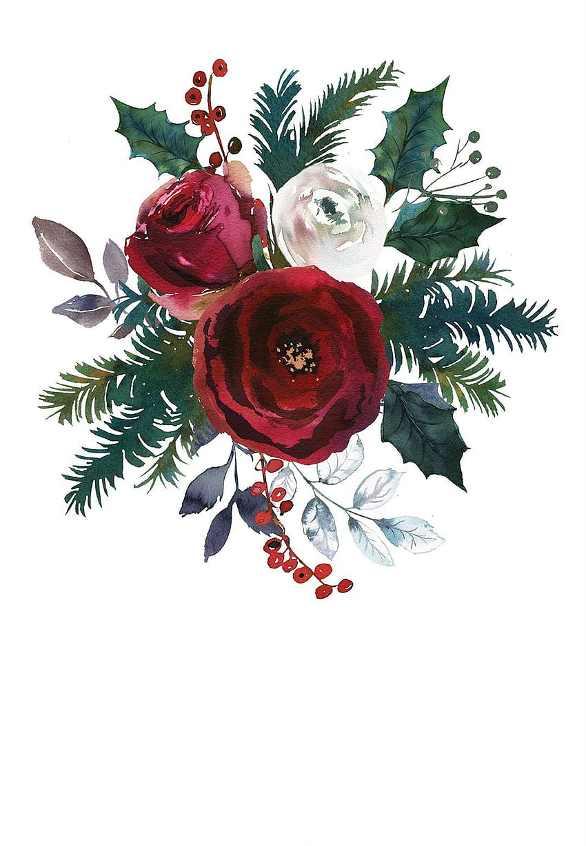 Czerwony Bordo Bukiet - Boże Narodzenie Zaproszenie Szablon (). Pozdrowienia Wyspa. Kwiatowy plakat, Vintage kwiaty, Akwarela tekstury tła, Bordowy kwiat Tapeta na telefon HD