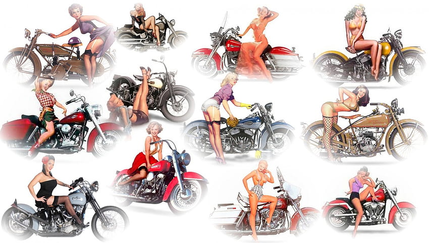 ハーレーの女の子、赤毛、ブロンド、バイク、女の子、ブルネット、ハーレー ダビッドソン 高画質の壁紙