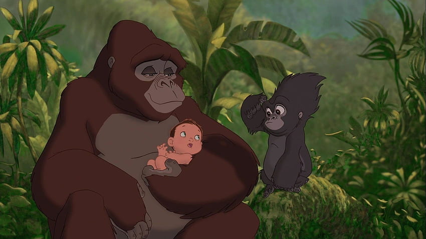 Tarzan, goril annesi ve en iyi arkadaşı Cartoon Gorilla ile HD duvar kağıdı