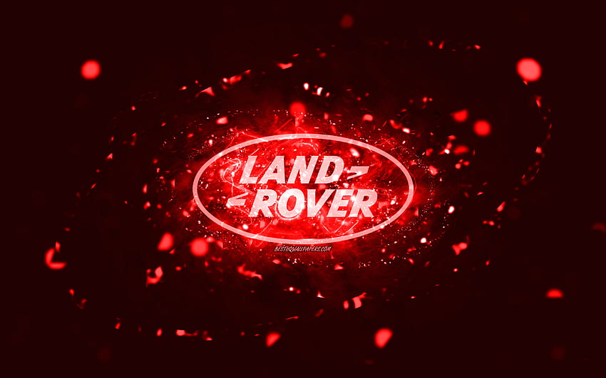 Land Rover red logo, , red neon lights, creative, red abstract background, Land Rover logo, cars brands, Land Rover HD wallpaper