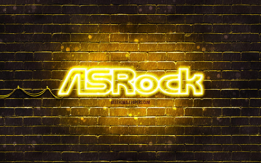 Logo jaune ASrock, mur de brique jaune, logo ASrock, marques, logo néon ASrock, ASrock Fond d'écran HD