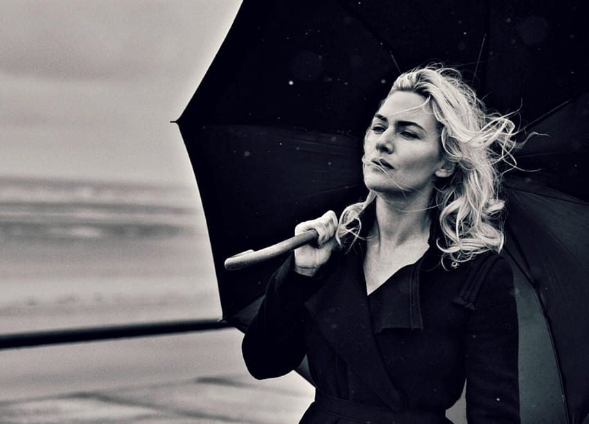 Kate Winslet, paraguas, blanco, negro, bw, niña, actriz, mujer fondo de pantalla