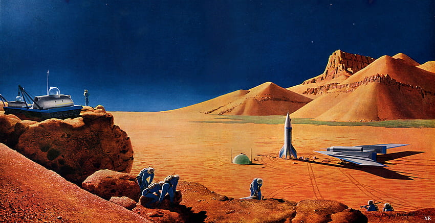 pinturas montanhas paisagens espaço sideral futurista planetas Marte ficção científica obra de arte papel de parede HD