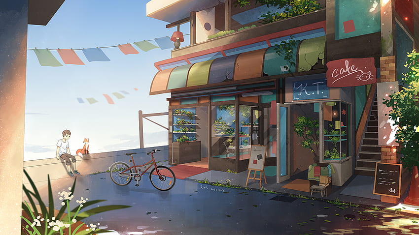 Anime Cafe, Boy, Fox, Scenic, Building, Anime Coffee Shop HD wallpaper