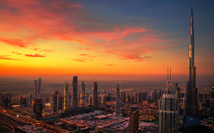 Дубай, Бурж Халифа, вечер, залез, небостъргачи, залез в Дубай, панорама на Дубай, ОАЕ HD тапет