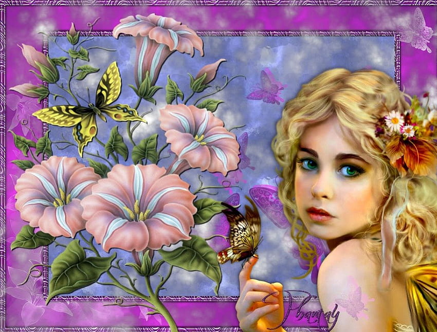 Fairy Child, fairy, butterfly, art, frame, flowers, child HD wallpaper